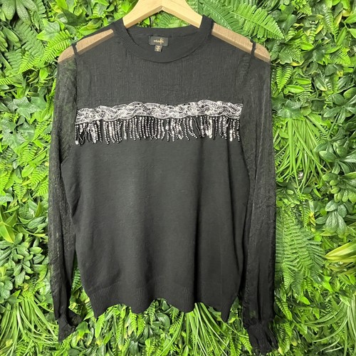 ONTWELFTH Tops Women XL Black Sweater Blouse Sequins Accent Sheer Sleeve 0145 - Picture 11 of 13
