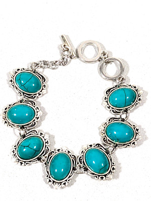 Southwestern Style Blue Oval Cabochon Chain Toggle Bracelet 8 inch