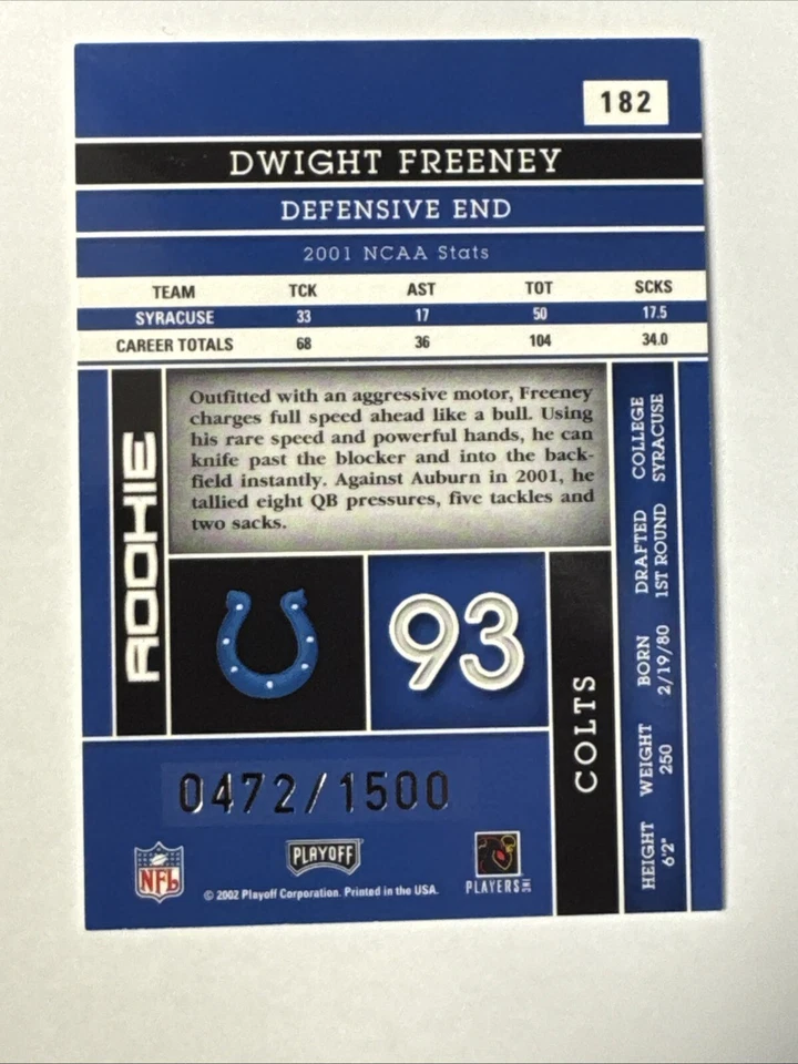 2002 Absolute #182 Dwight Freeney Rookie RC 472/1500 Indianapolis Colts - Image 2 of 3