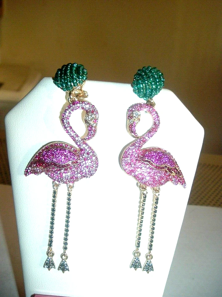 PINK Pave Crystal FLAMINGO MOVEABLE TASSEL LEGS  Betsey Johnson Pierced EARRINGS - Image 2 of 4