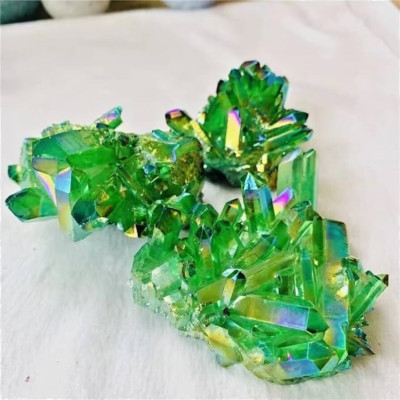 Titanium Aura Rainbow Green Crystal Cluster Healing Geode Rock Decor Gift