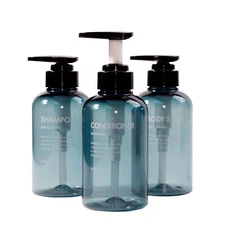 3 Pack 10oz Clear Blue Refillable Shampoo and Conditioner Pump Bottles