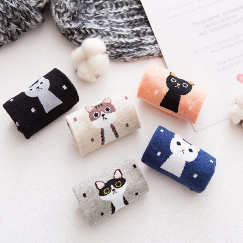 Mujeres Niñas Preciosos Calcetines Gato, Animales Algodón Calcetines al Tobillo, Regalo Amante de los Gatos Foto 3 de 4