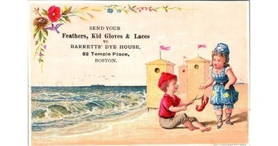 Barretts' Dye House Trade Card 1890s Chromo Seaside Scene Boston Ad Card