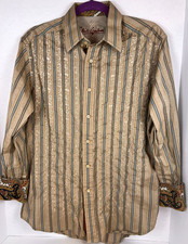 Robert Graham Classic Fit Men's Button Dress Shirt Flip Cuff M Beige Gold M