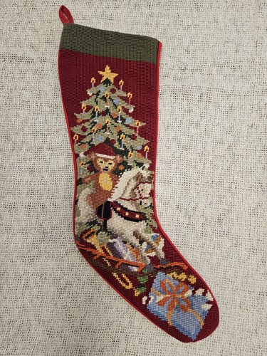 Vintage Christmas Stocking Wool Needlepoint Teddy Bear Rocking Horse Presents