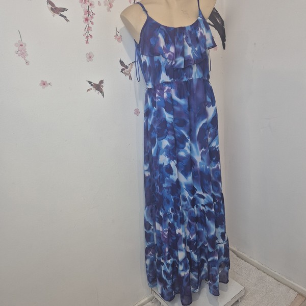 Blue Embellished Maxi Dress Size 12 spagetti straps tiered rouched A line D2