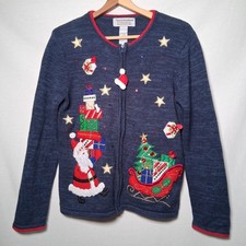 Tiara International Christmas Sweater Women M Cardigan Santa Claus Sleigh Gifts