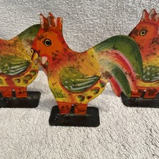 Vintage style Colourful Rooster metal Figurine Country Cottage Vibes Decor x3 