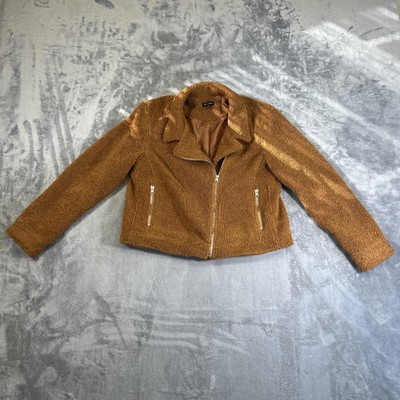 Shinestar Teddy Zip Sherpa Jacket Women s XL Camel Brown Collared