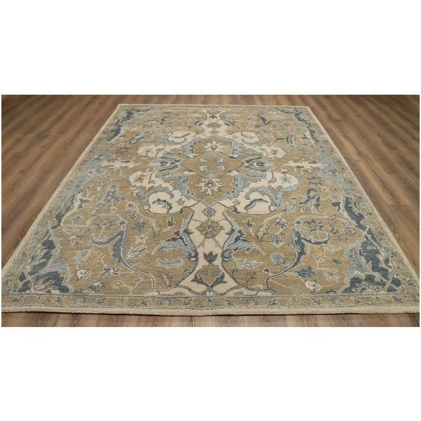 Handmade 8x10 Wool Area Rug Tan Blue Floral Pattern Traditional Oriental Carpet - Image 3 of 4