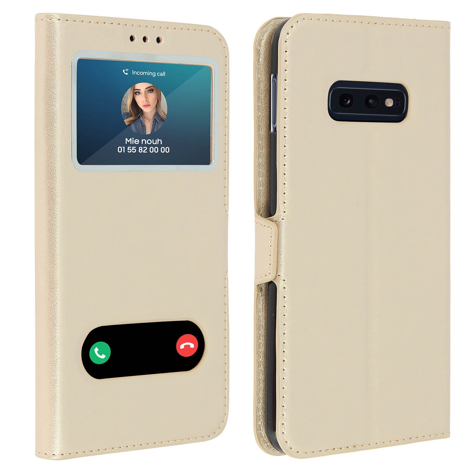 Coque Galaxy S10e double fenêtre or antichoc anti-rayure avec support vidéo arrière