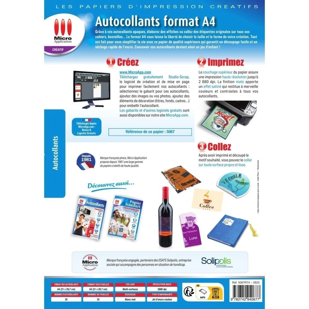Papier autocollant A4 Micro Application 25 feuilles adhésif blanc mat imprimable
