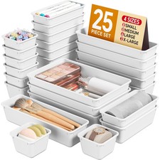 25 PCS White Plastic Desk Drawer Organizers Set Vanity Makeup Storage Trays