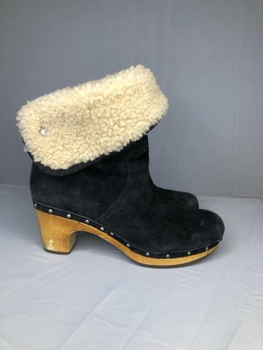 UGG Lynnea Studded Clog Suede Black Boots Fold Over Cuff Mid Calf Size 8 SN 1955