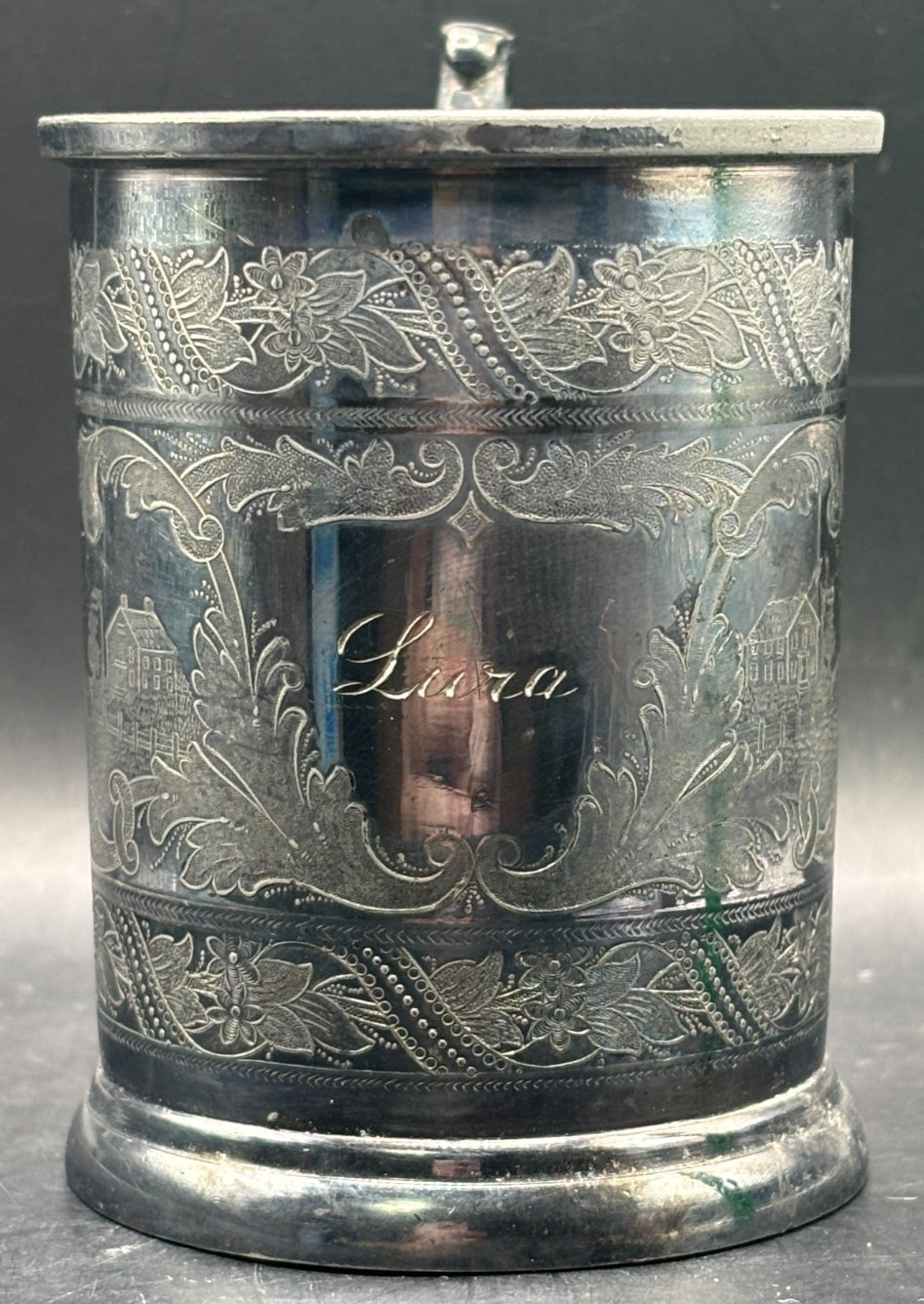 Antique Victorian Silver Plated Baby Cup River Bridge Farm House Engraving Lura