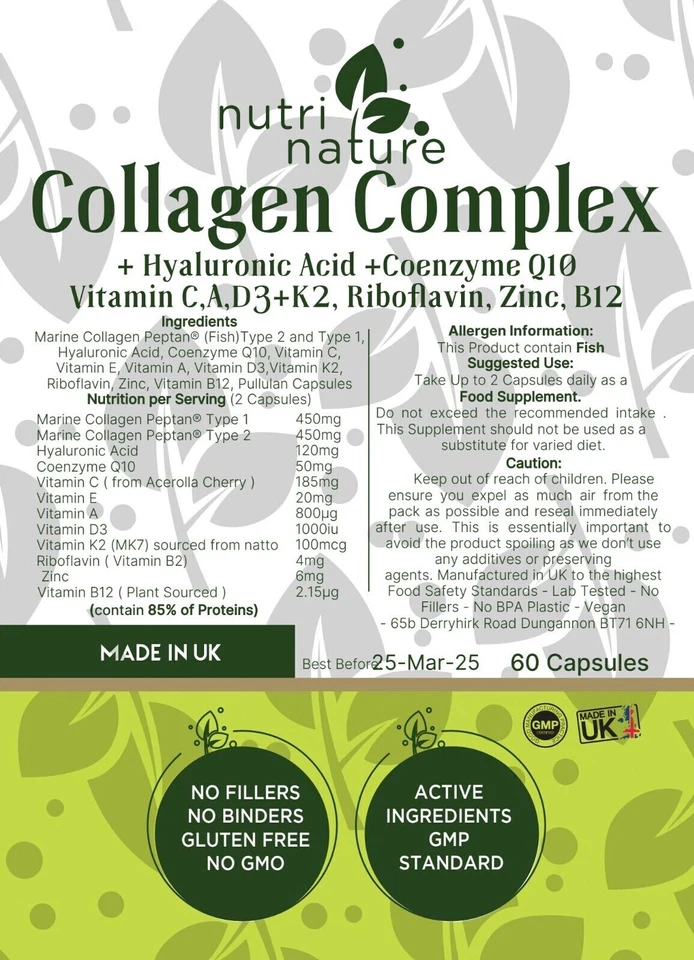 Collagen Complex Coenzyme Q10, Hyaluronic Acid, Vitamins A, C, D, B12 and Zinc - Image 3 of 3