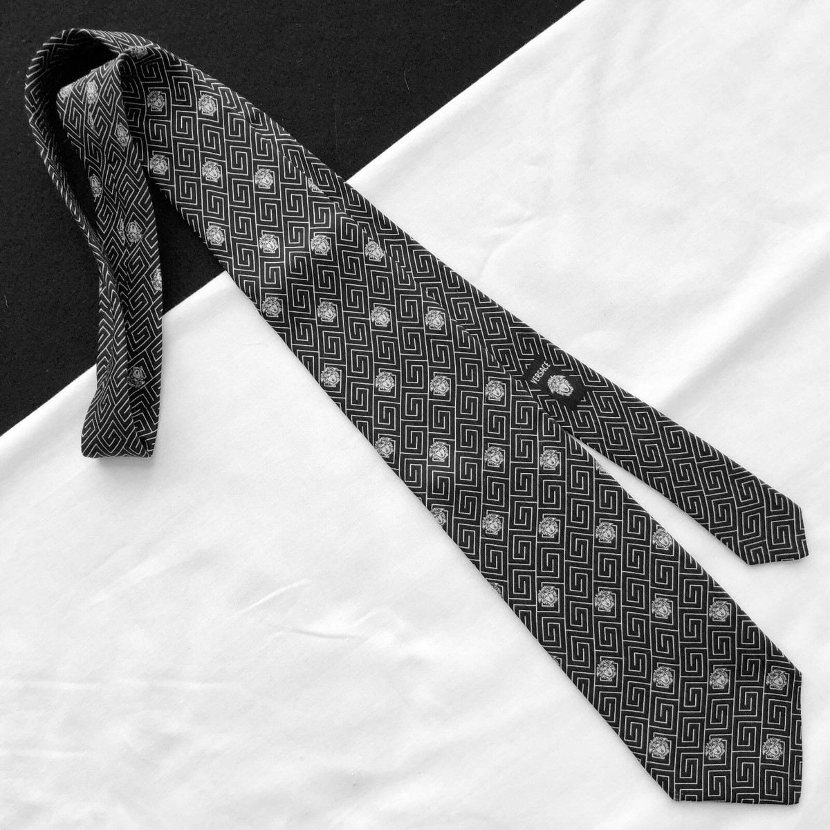 GIANNI VERSACE black & silver silk tie Greek Key & Medusa print