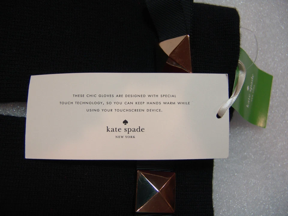 NUEVO CON ETIQUETAS Kate Spade Negro Tech Friendly Tachuelas Negro Arco Tejido Guantes Largos PSRU1308 Caja Foto 2 de 4