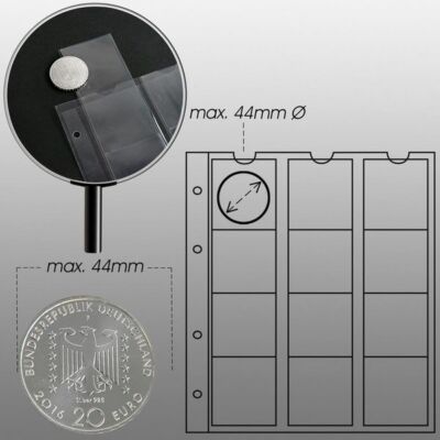 FEUILLES NUMISMATIQUES OPTIMA, POUR SÉRIES D'EUROS JUSQU'À 26 MM