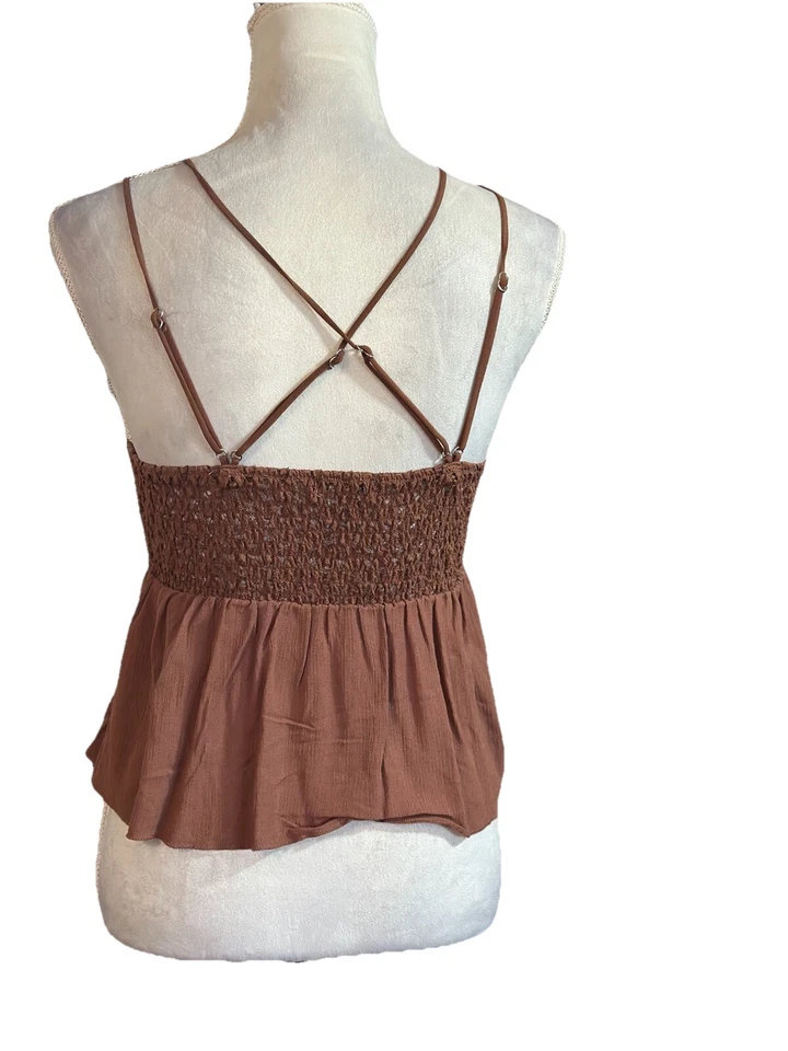 Rue 21 Cami Babydoll Top Crop Ruffles Crochet Lace Criss Cross Back Y2K V Neck L - Image 4 of 4