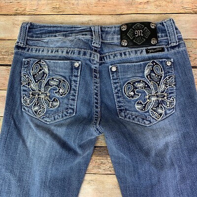 Miss Me Womens 28 x 26 Boot Cut Blue Embroidered Pockets Denim Jeans