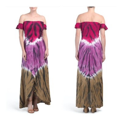 Young Fabulous & Broke Frida Tie Dye Maxi Off Shoulder Cranberry Dress Sz S NEW