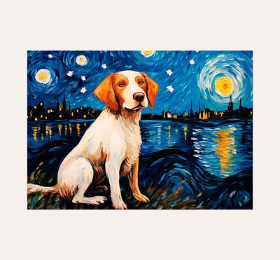 Brittany Dog in Starry Night Poster Print A3 Size