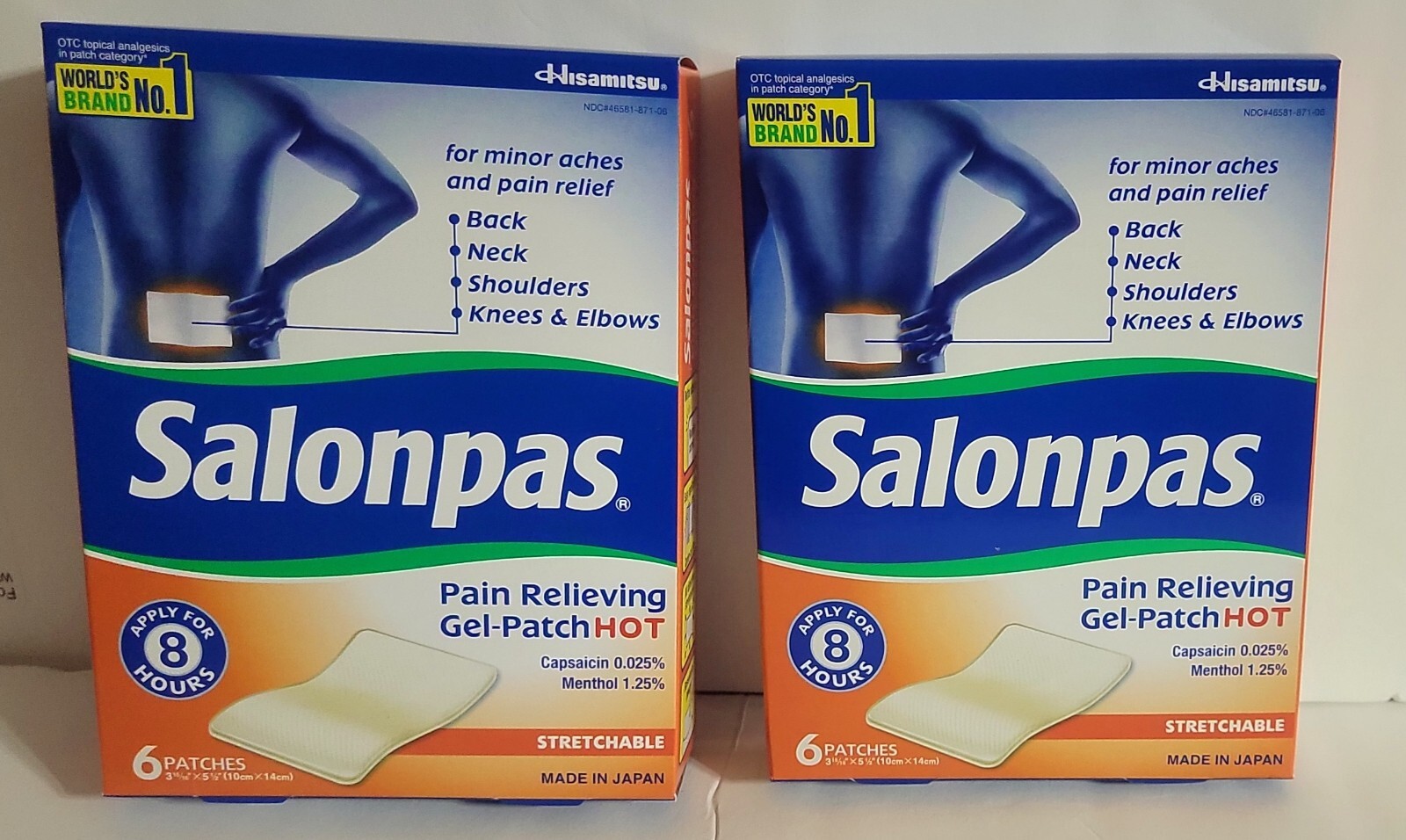 2 Boxes SALONPAS PAIN RELIEVING GEL PATCH HOT 6 Large Patches Each Box
