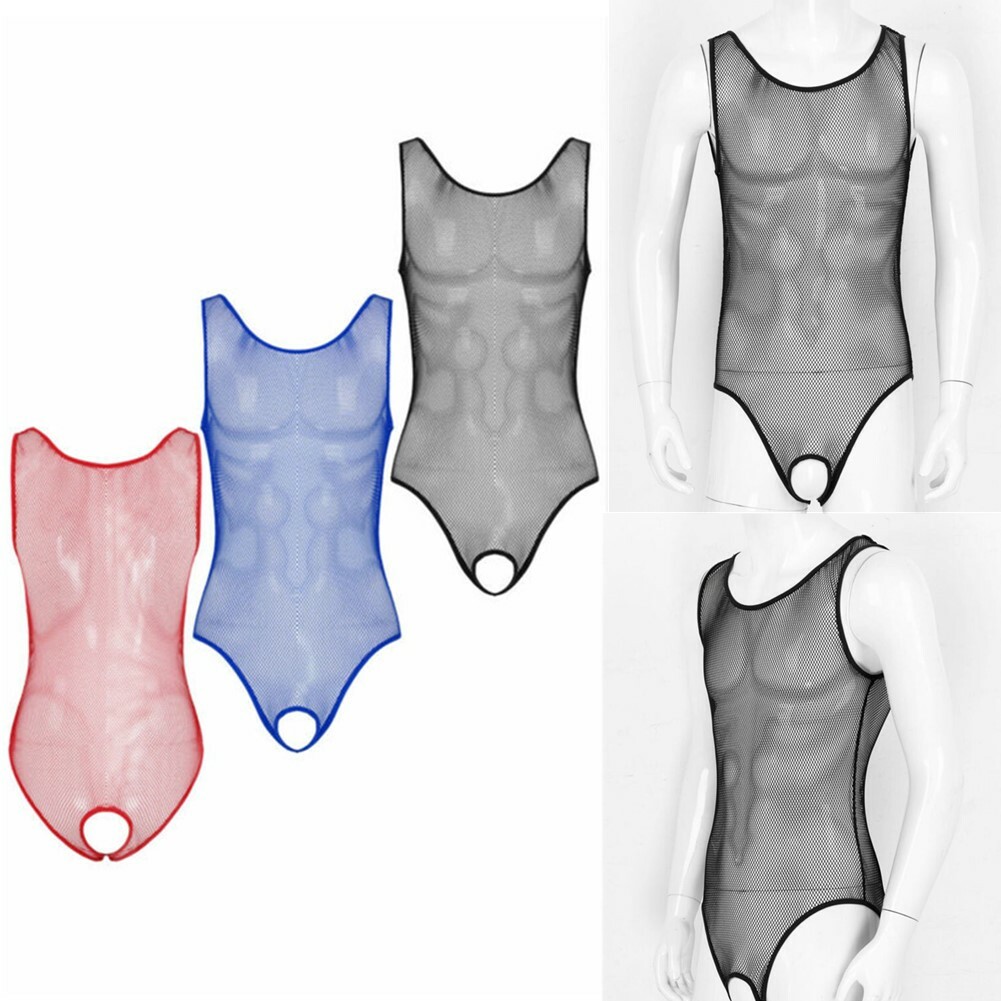 Herren Bodysuit Netz-Transparent – Ärmellos, Offener Schritt, Enganliegend, Für Party, Dessous, Rollenspiel