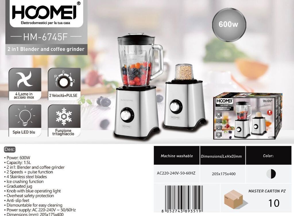 Frullatore HOOMEI HM-6745F 2in1 600W 1.5L - Essenziale e Potente Inox