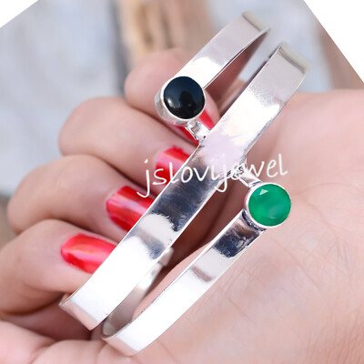 Green Onyx & Black Onyx Gemstone 925 Sterling Silver Designer Bracelet Cuff/R28
