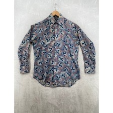 John Blair Sport Classic Medium Blue Floral Leaf Vintage 70s Button Down Shirt