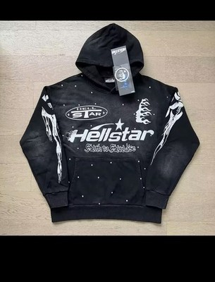 Hellstar Men s L Black Pullover Hoodie Cotton Blend Graphic Print Pockets NWT