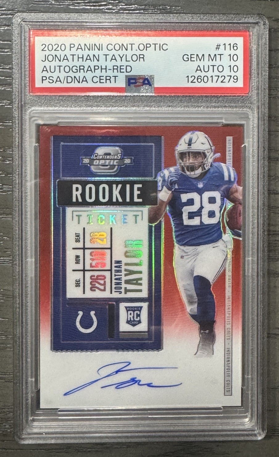 2020 Contenders Optic Rookie Auto Jonathan Taylor #116 Red /199 (AU, RC) PSA 10