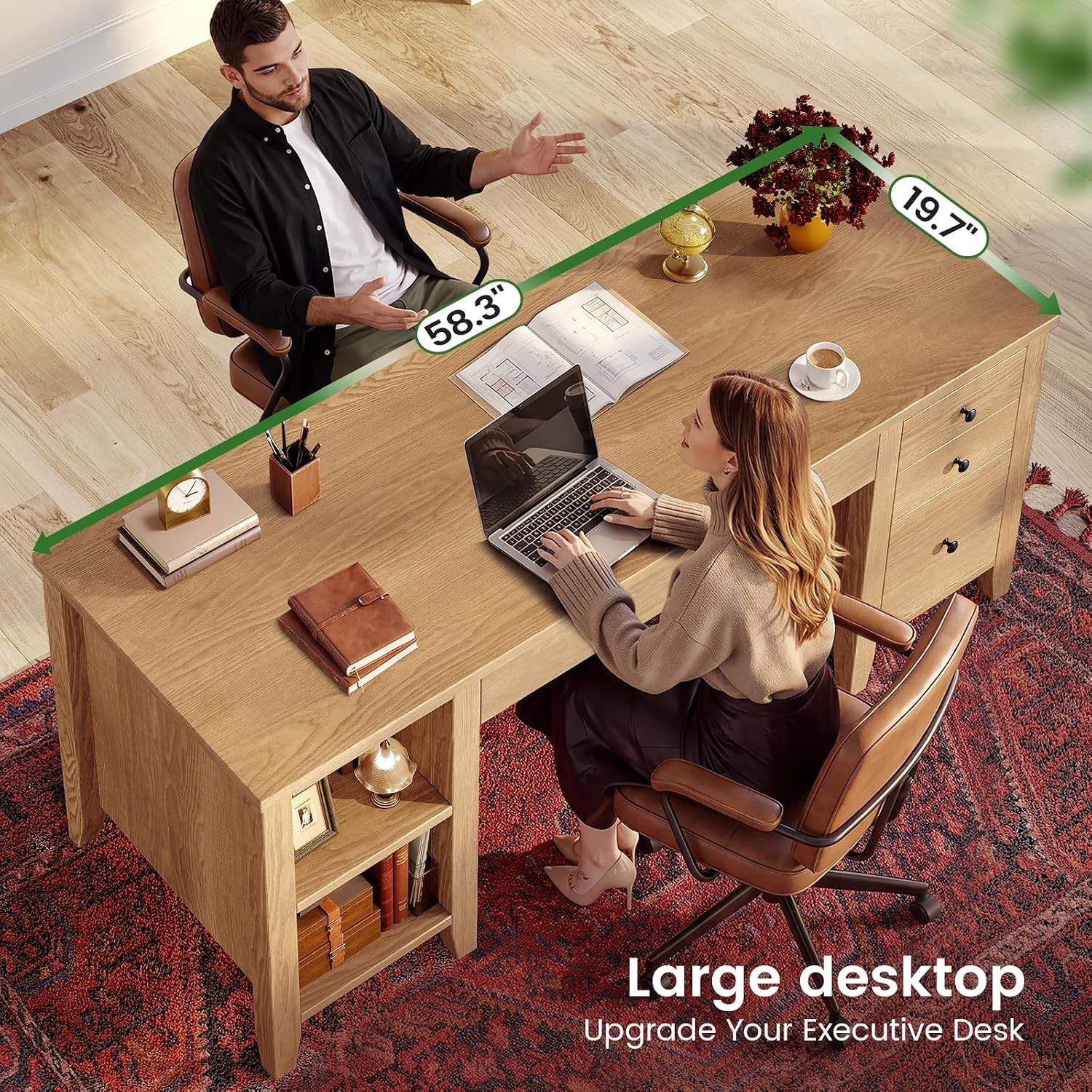 58.3" Solid Pine Wood Computer Desk w/4 Drawers &Storage Shelves for Home Office alternate view 5