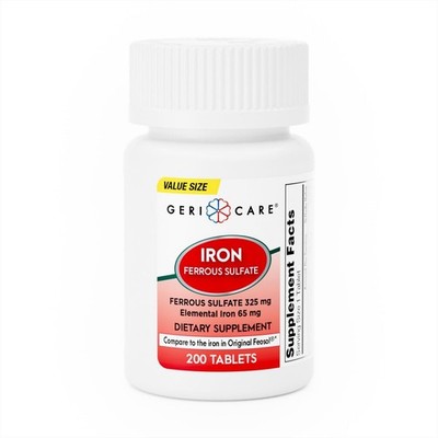 GeriCare Ferrous Sulfate Tablets 325mg, Elemental Iron 65 mg High Potency Iron S