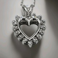 Heart-Shaped Diamond Necklace Pendant 14k White Gold 925 Silver 12" Chain