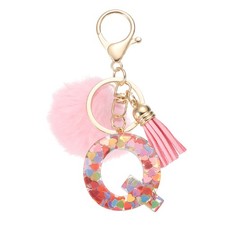 Alphabet Initial Letter Q Keychain, Cute Tassel Fur Ball Pom Key Chain, Pink
