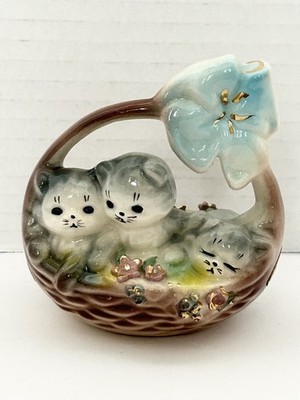 Vintage Josef Originals California Era  Wee Three  3 Grey Kittens In Basket