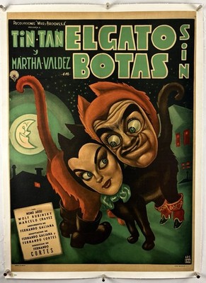 EL GATO SIN BOTAS On Linen Movie Mexican Poster 1957 Tin Tan & Valdez as Cats