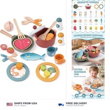 Wooden Play Kitchen Accessories, Pretend Play Food for Toddlers with Dishes ...