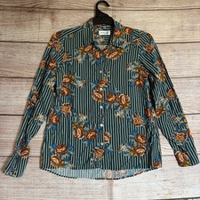 Monaco Cottons Shirt ~ Size 2 Women's ~ Green Striped Floral Long Sleeve