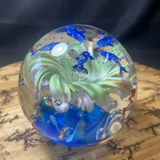 Midcentury Art Glass Aquarium Paperweight: Fish & Anemone Globe Sculpture 6 Lbs