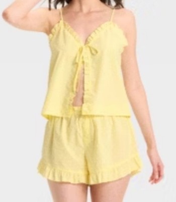 Colsie Pajama Set Poplin Swiss Dot Tie Front Top Shorts Yellow Size XL