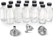 12 Pack 2 Oz Small Clear Glass Bottles with Lids  3 Stainless Steel Funnels New
