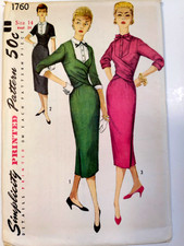 Simplicity 1760 Dress Dickie Sewing Pattern Ladies 14 VTG 50s UC Slim Wrap Waist