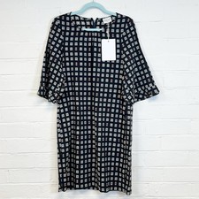 Wrap London Shift Dress Black Beige Geometric Print Ruffle Sleeve Oversized UK 8