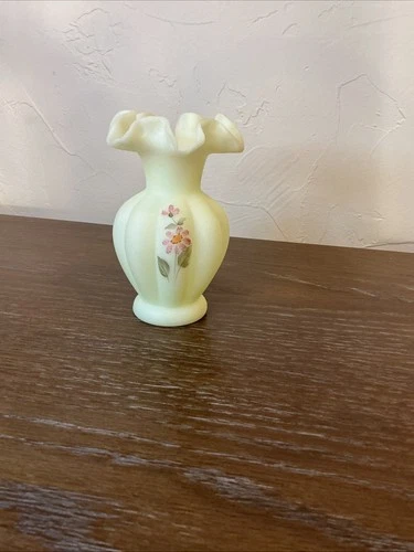 Fenton Hand Painted Satin Custard Vase With Ruffled Edge 5 1/2”
