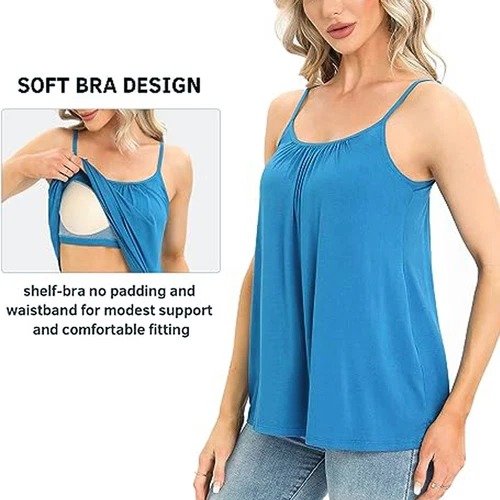 Women Flowy Pleated Camisole with Built-in Bra Loose Casual Sleeveless Tank Tops - Picture 4 of 48